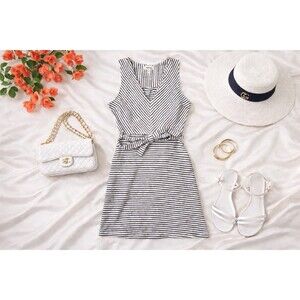 Monteau Los Angeles Navy White Striped Sleeveless Dress | Cotton Blend | Size M